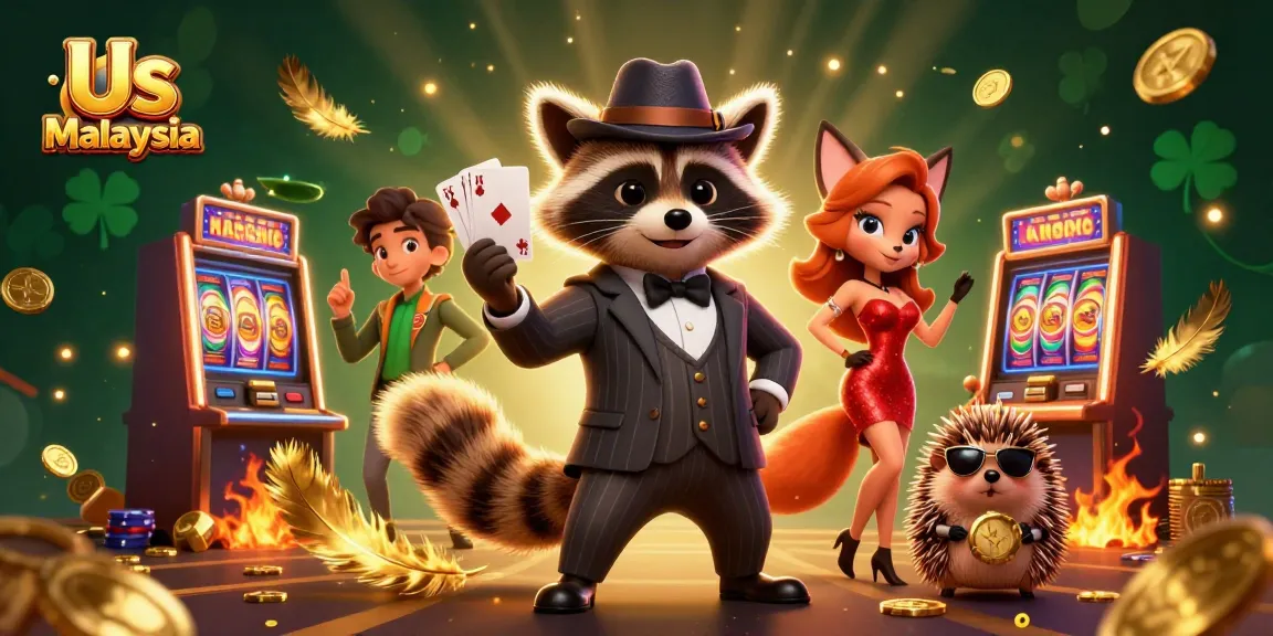 Experience thrilling gameplay at Us Casino Malaysia with cartoon characters enjoying slot machines and dynamic casino elements.