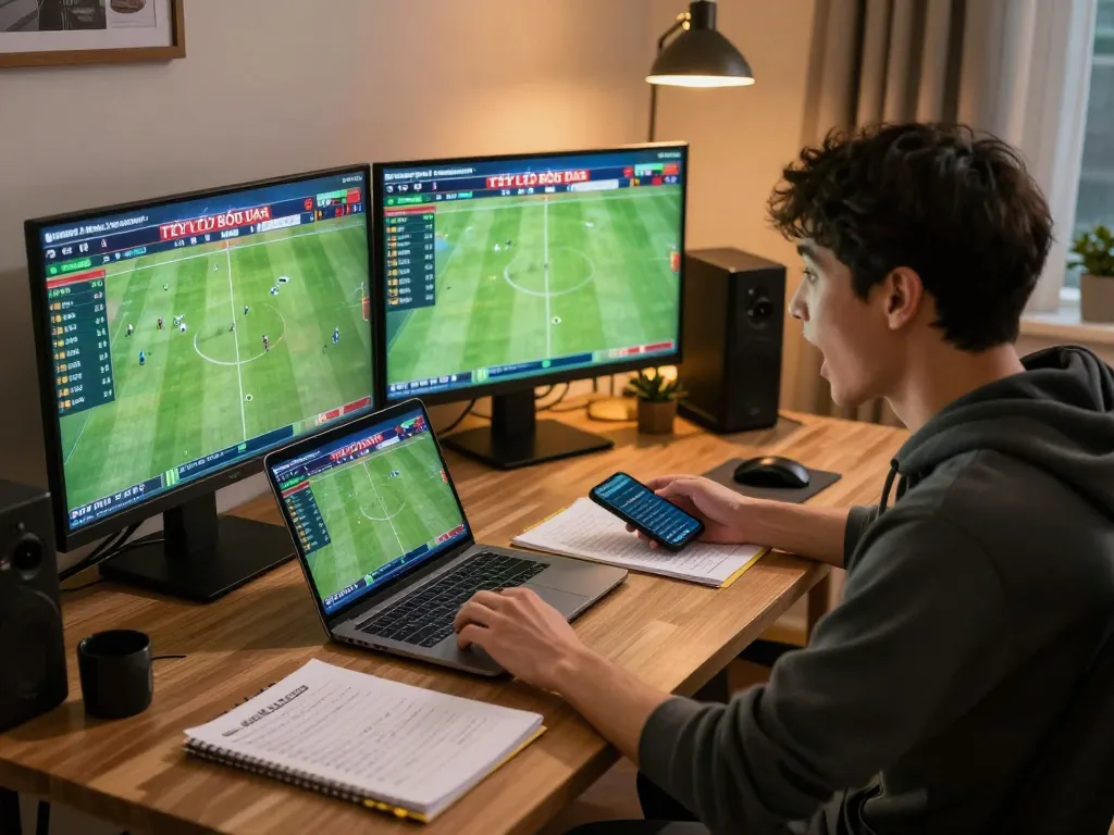 Person analyzing Tỷ Lệ Bóng Đá odds on multiple screens during thrilling sports betting session