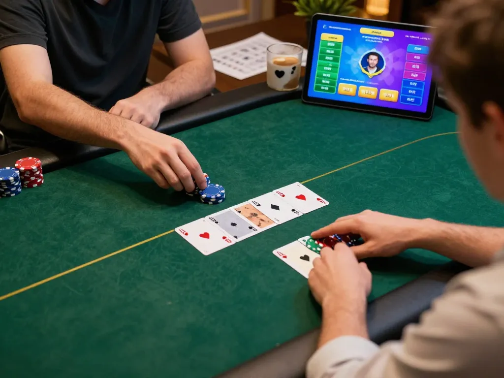 Players engaging in an online poker game with phtaya interface showing cards and betting options