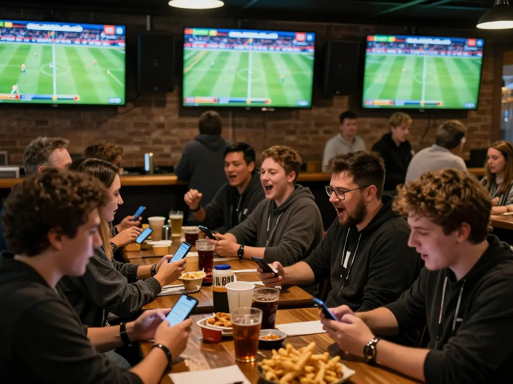 Excited patrons engaging in keo nha cai 5 during live sports matches in a vibrant sports bar.