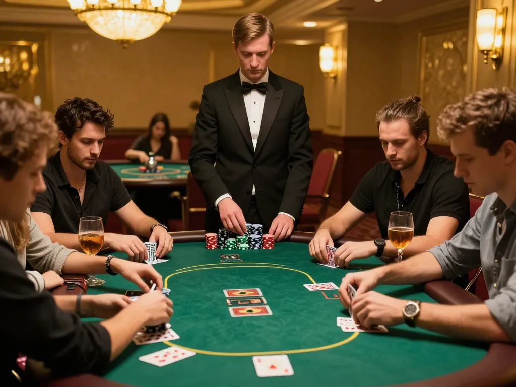 88new players competing in a tense poker match at an upscale casino table with warm lighting