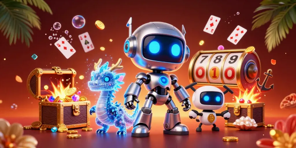 Momen menang menjelajahi dunia slot depo 10k dalam ilustrasi 3D menyenangkan, dengan karakter robot, naga holografik, dan drone.