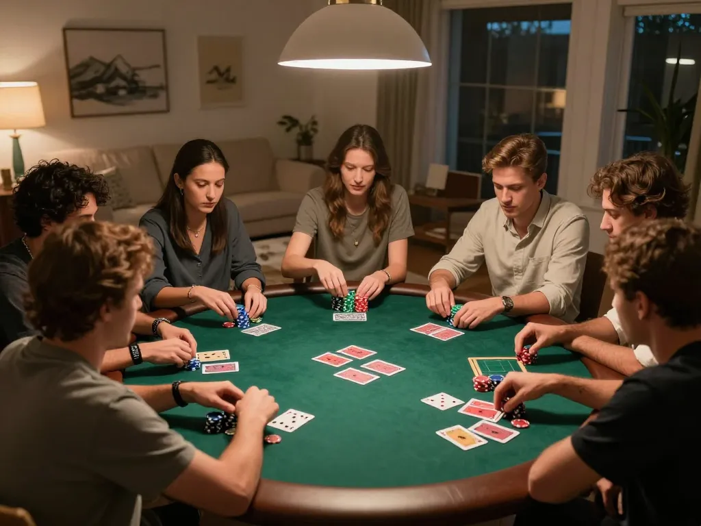 Engaging poker night scene showcasing friends playing kdslot games, with vivid chips and cards in focus, warm lighting enhances the atmosphere.