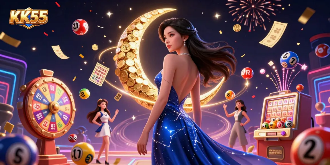 Join the excitement at KK55 with a vibrant casino scene, featuring dynamic lottery balls and prize elements.