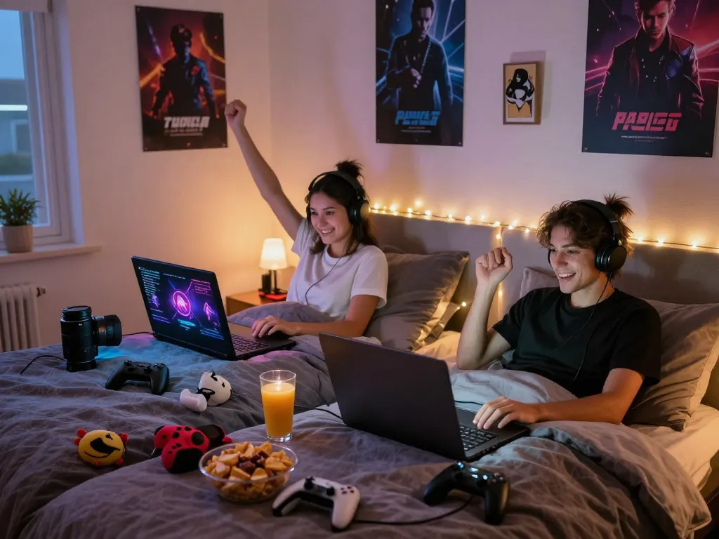 Friends enjoying porngames on laptops in a cozy bedroom setting