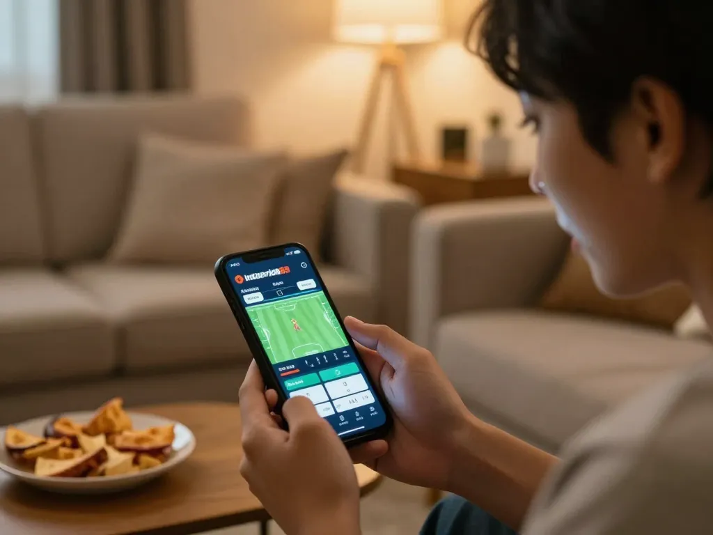 Participating in sports betting with the indopride88 link alternatif app in a cozy living room setup