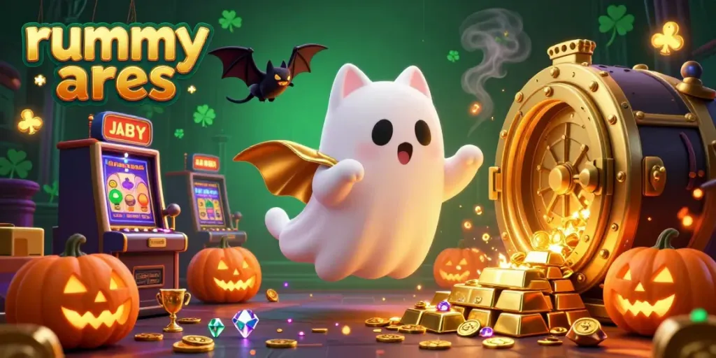 Engage with rummy ares in a vibrant casino scene featuring playful ghost cat and glowing elements.