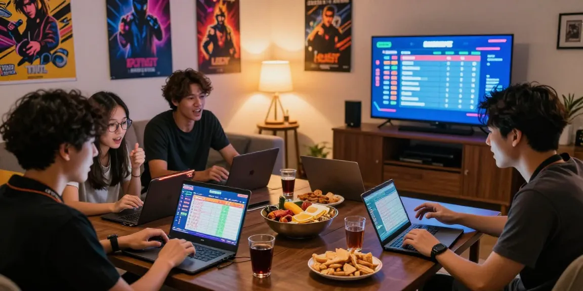 Grup teman sedang bermain juragan togel online di ruang tamu yang hangat dan nyaman.