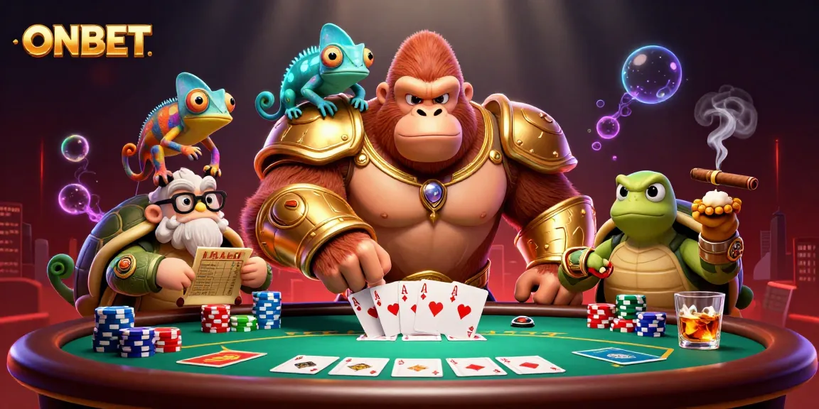 ONBET attracts players with thrilling poker battles illustrated by a gorilla king and chameleon spy.