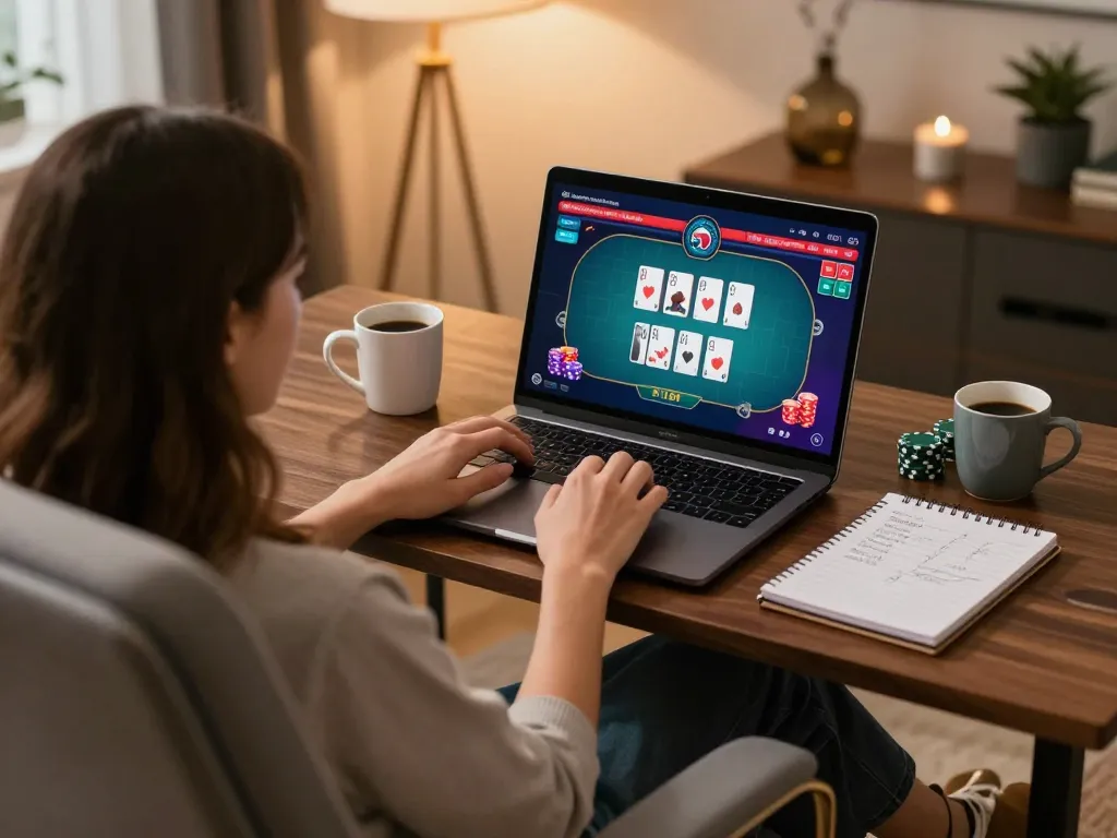 Engaging online casino gameplay on laptop by leci123a in a cozy home setting