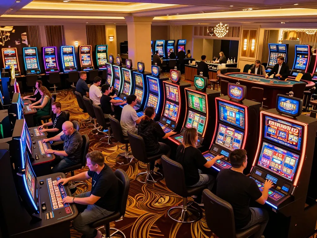 Các game thủ quay máy slot tại casino Sunwin, ghi lại sự phấn khích của trải nghiệm trò chơi trực tiếp.