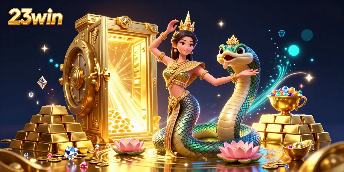 Engage with 23win's captivating casino experience featuring vibrant characters and golden treasures.