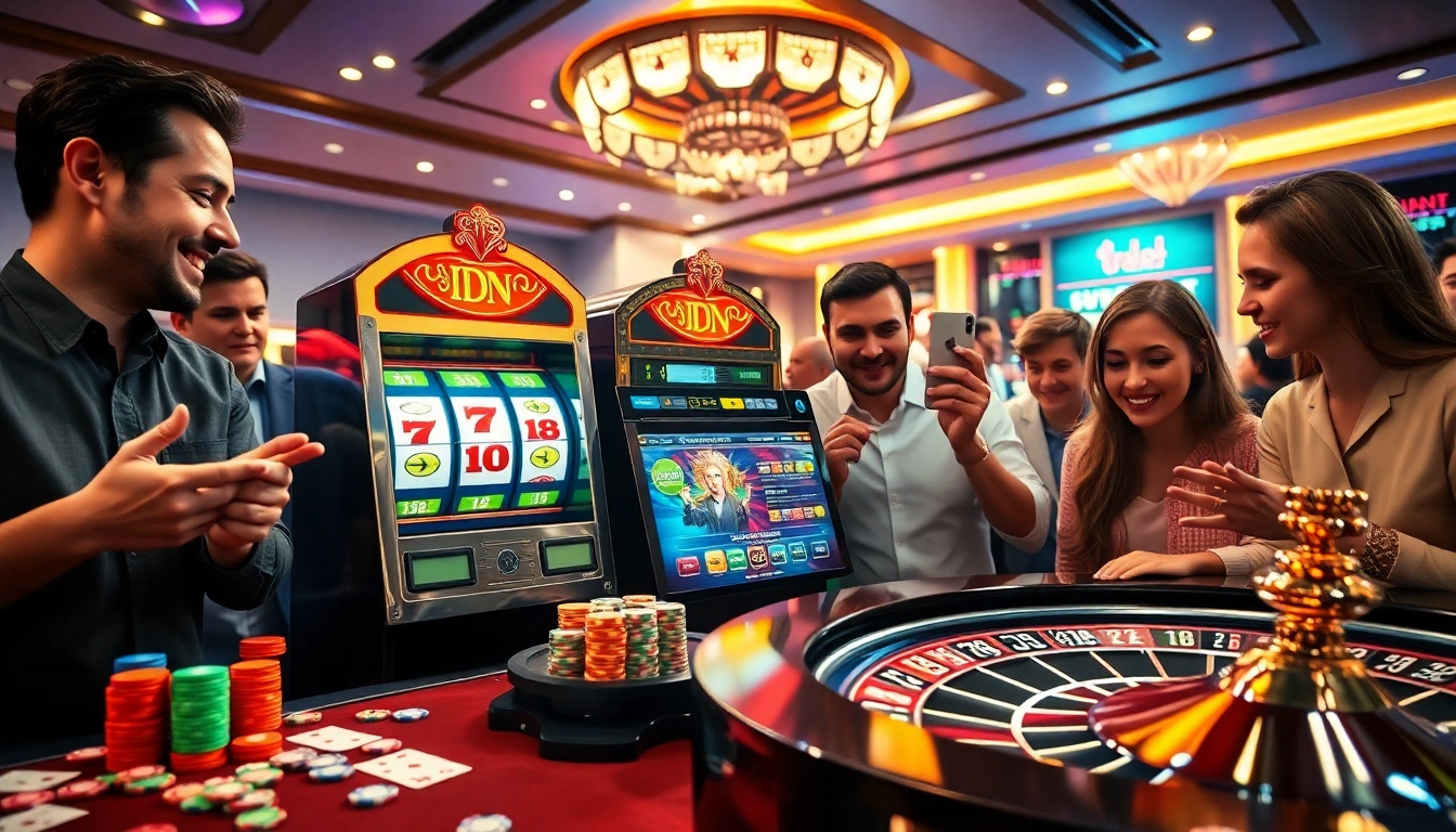 Players immersed in excitement at an idn slot machine in a lively casino environment.