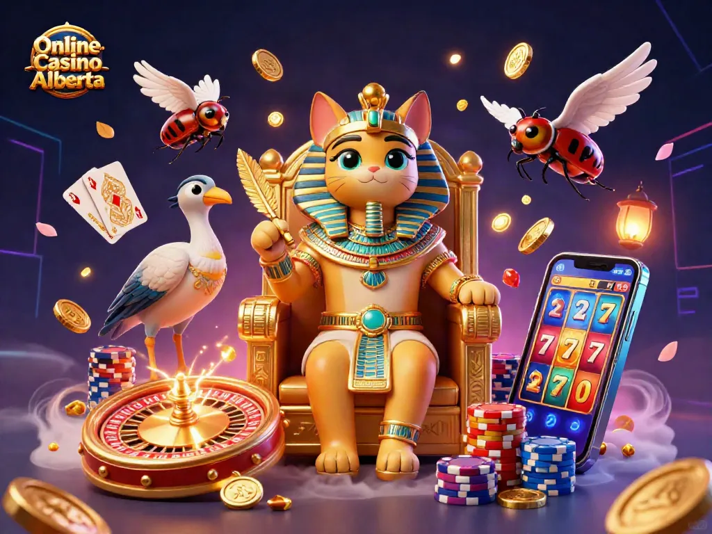 Experience excitement and winning strategies at Online Casino Alberta with a colorful 3D illustration of gaming elements.