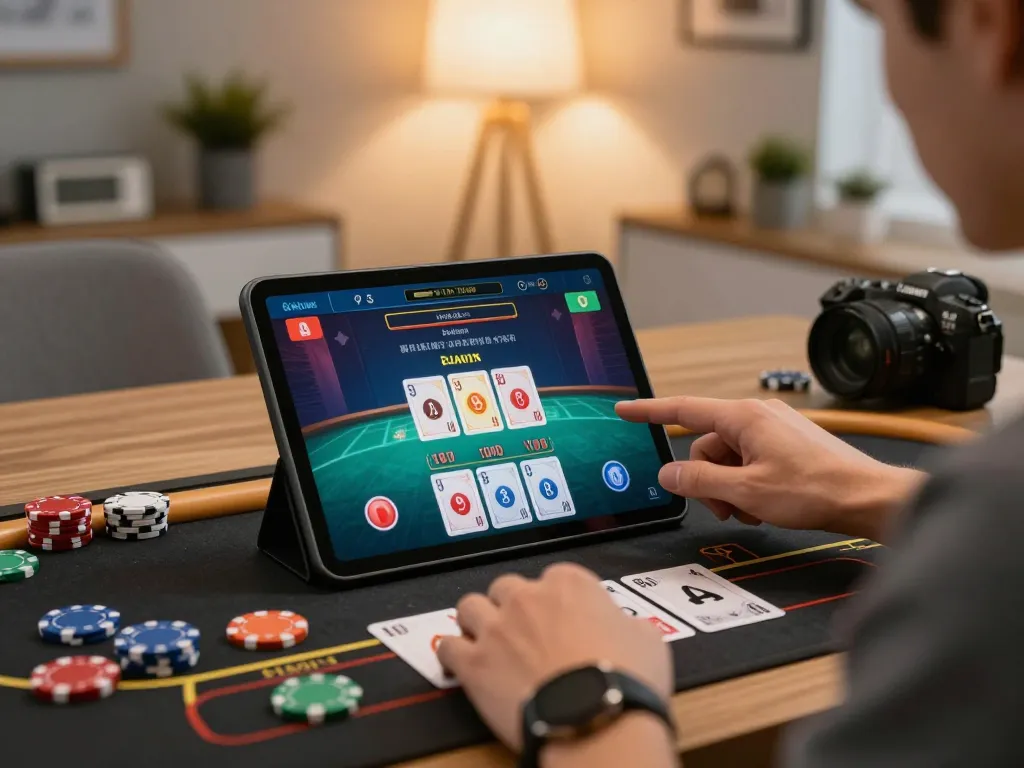 Baccarat player strategizing during an online game session on a tablet, showcasing interactive gambling.