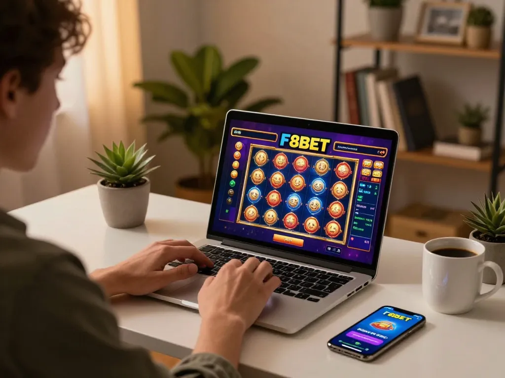 Enjoying online gaming at F8BET with vibrant slot visuals in a cozy home office.