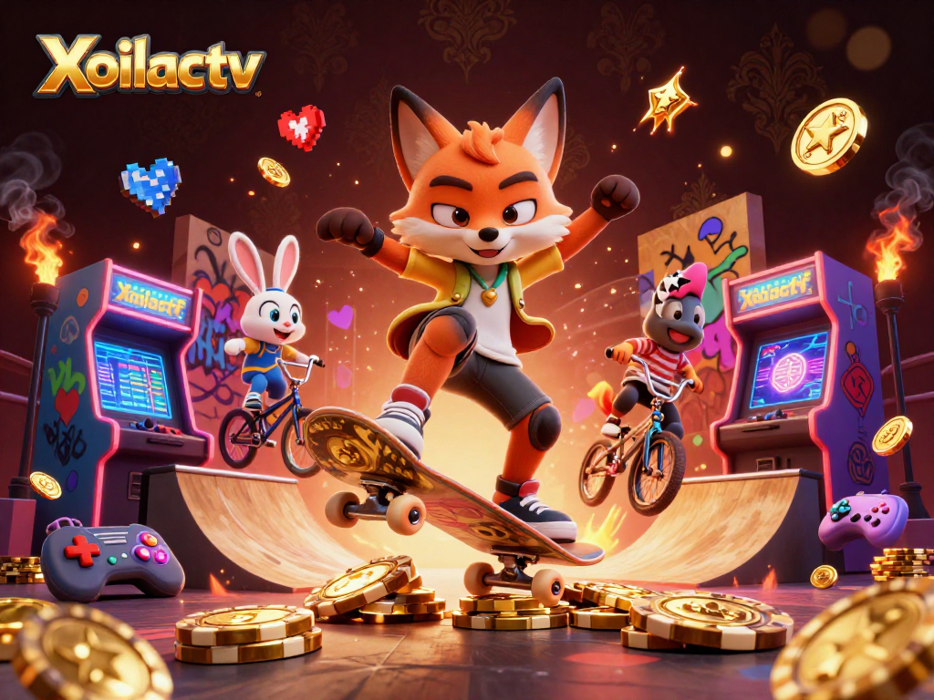 Xoilactv showcases a vibrant casino-themed scene with a skateboarder fox and BMX rabbit amidst lively gaming elements.