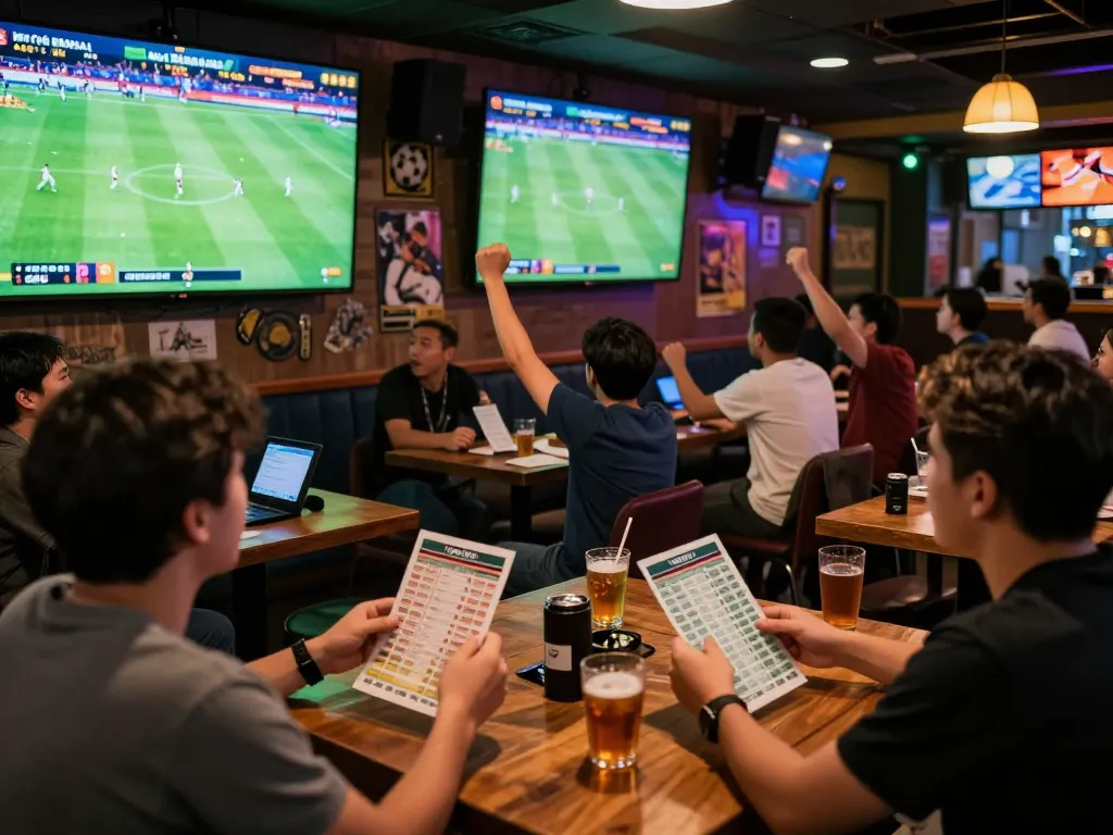 Tỷ Lệ Bóng Đá action in a lively sports bar with fans cheering and betting slips in hand.
