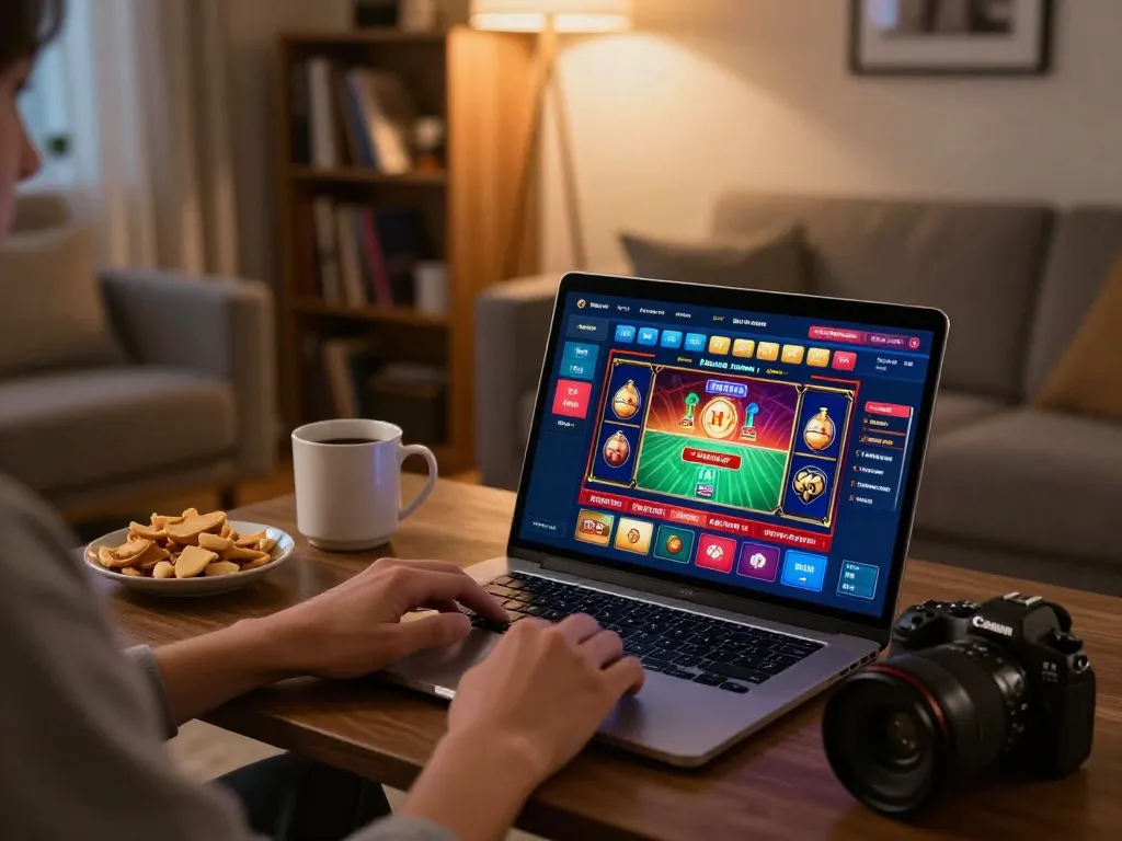 Engaged player gaming on kkwin online casino interface at home, enjoying a cozy atmosphere.