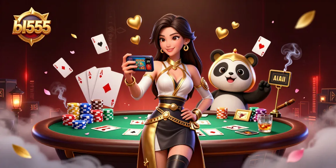 Experience the excitement of bl555 with a vibrant 3D illustration showcasing a lady gaming and a playful panda mascot.