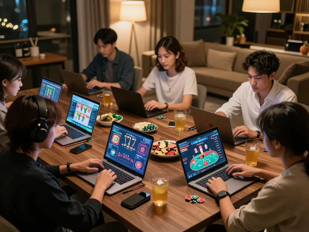 Players engaging in poker and slot games on TR88 during a cozy online gaming night with friends