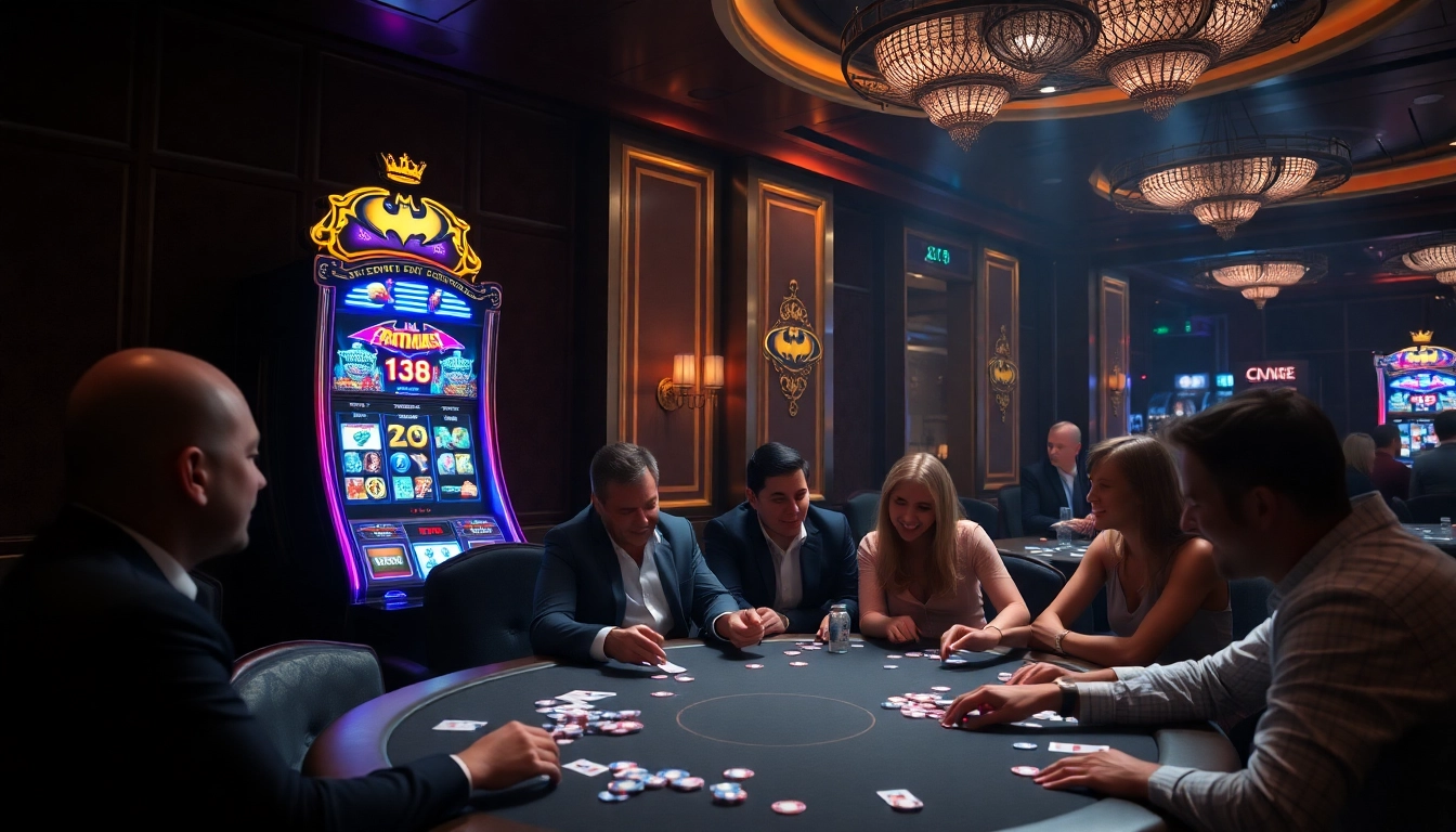 Experience the thrill of Batman138 as players engage around an exquisite slot machine in a vibrant casino.