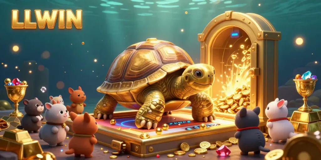 Experience LLWIN's vibrant casino world with a colossal golden tortoise pinball machine bursting with treasures.