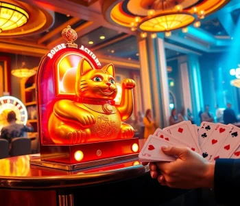 Play the lucky neko slot machine surrounded by casino excitement and winning players at vibrant tables.