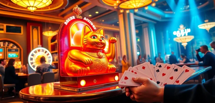 Play the lucky neko slot machine surrounded by casino excitement and winning players at vibrant tables.