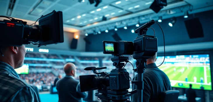 Sports Broadcasting professionals capturing a live event in a dynamic studio setting.