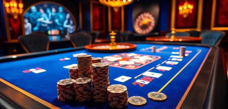 TRANG GAME B8 scene showcasing luxurious poker chips and playing cards in vibrant casino ambiance.