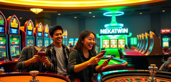 Experience thrilling gameplay at NEKATWIN as players spin for scatter wins in this vibrant casino setting.