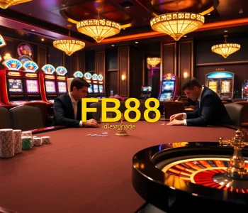 Engaged players at FB68 poker table in a luxurious casino setting with vibrant slot machines.