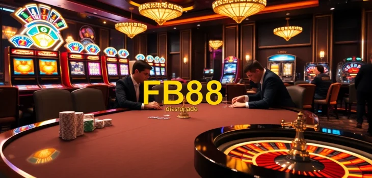 Engaged players at FB68 poker table in a luxurious casino setting with vibrant slot machines.