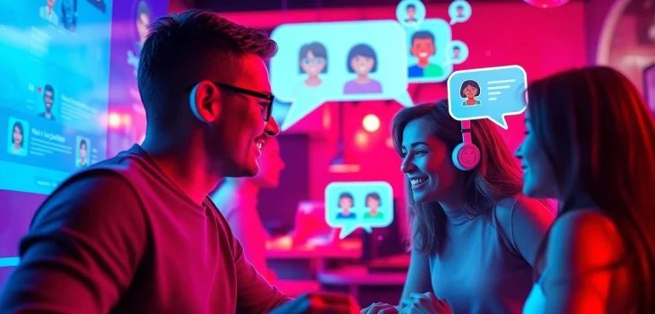 Interactive scene depicting spicychat AI chatbots and characters in a vibrant chat interface.