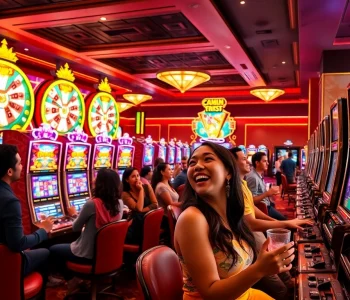 Players enjoy thrilling slot machines in a vibrant casino, capturing the excitement of gaming.