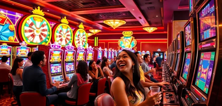 Players enjoy thrilling slot machines in a vibrant casino, capturing the excitement of gaming.