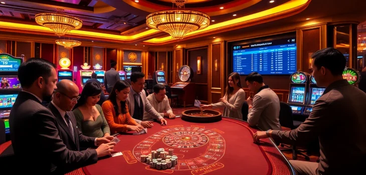 Players enjoying thrilling games at https://79king2.sa.com/, featuring vibrant slot machines and a roulette wheel.