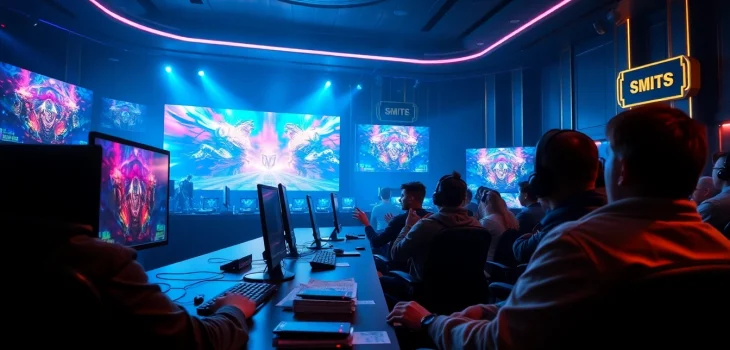 E1 Sport Smite แทงอีสปอร์ต ได้เงินจริง showcased in a vibrant eSports betting arena, highlighting intense competition and excitement.