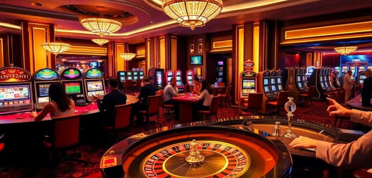 Players enjoy high-stakes games at nhà cái rr88's luxurious casino featuring vibrant tables and slot machines.
