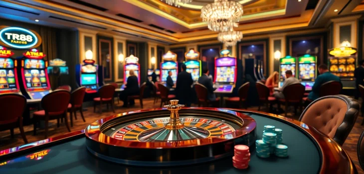 Experience the vibrant atmosphere of tr88 casino with glowing poker chips and roulette excitement.