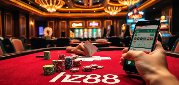 hz88 nhà cái showcasing expert poker play with vibrant chips, cards, and live casino action