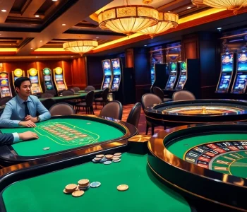 Enjoying a high-stakes poker game at s8com, featuring luxurious tables and vibrant slot machines.