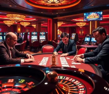 KONG88 players strategizing in a luxurious casino environment during an exciting poker game.