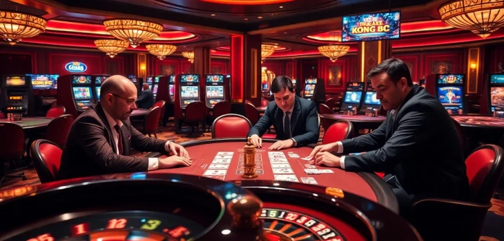 KONG88 players strategizing in a luxurious casino environment during an exciting poker game.