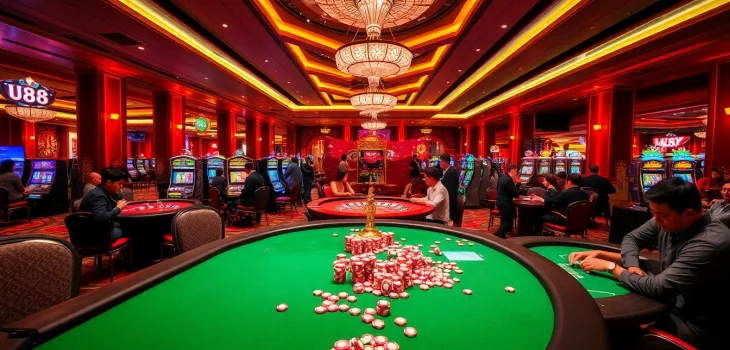 Engaging players at UU88 casino, featuring lively gaming tables and colorful slot machines.