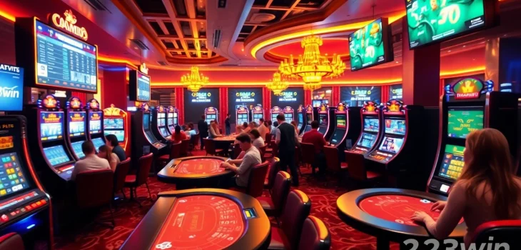Exciting gaming atmosphere showcasing 23win online casino with vibrant slot machines and sports betting.