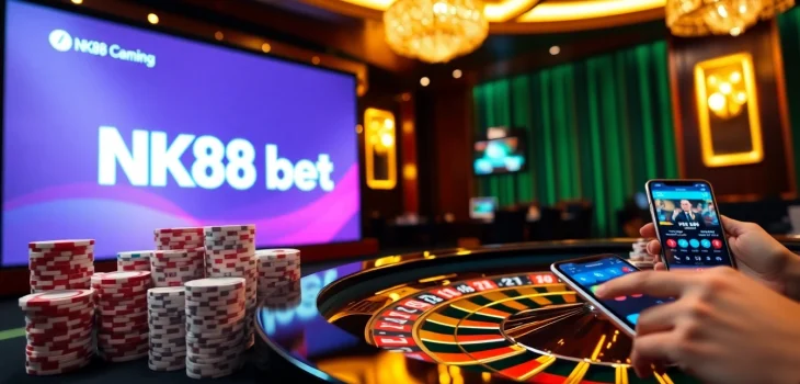 Engage in NK88 bet with professional poker chips, roulette wheel, and live betting interface