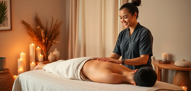 Experienced therapist providing 수원출장마사지 in a serene home environment, highlighting tranquility and professionalism.