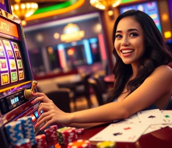 KTP JITU player celebrating a jackpot win at a luxurious slot machine in a vibrant casino.